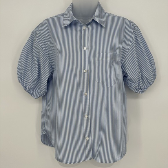 J Crew Womens 6 Blue Striped Short Puff Sleeve Button Up Blouse Classic Collared - Picture 1 of 7